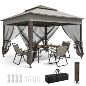 11'x11' Pop Up Gazebo 2-Tier Soft Top Gazebo w/ Mesh Netting, Mixed Grey
