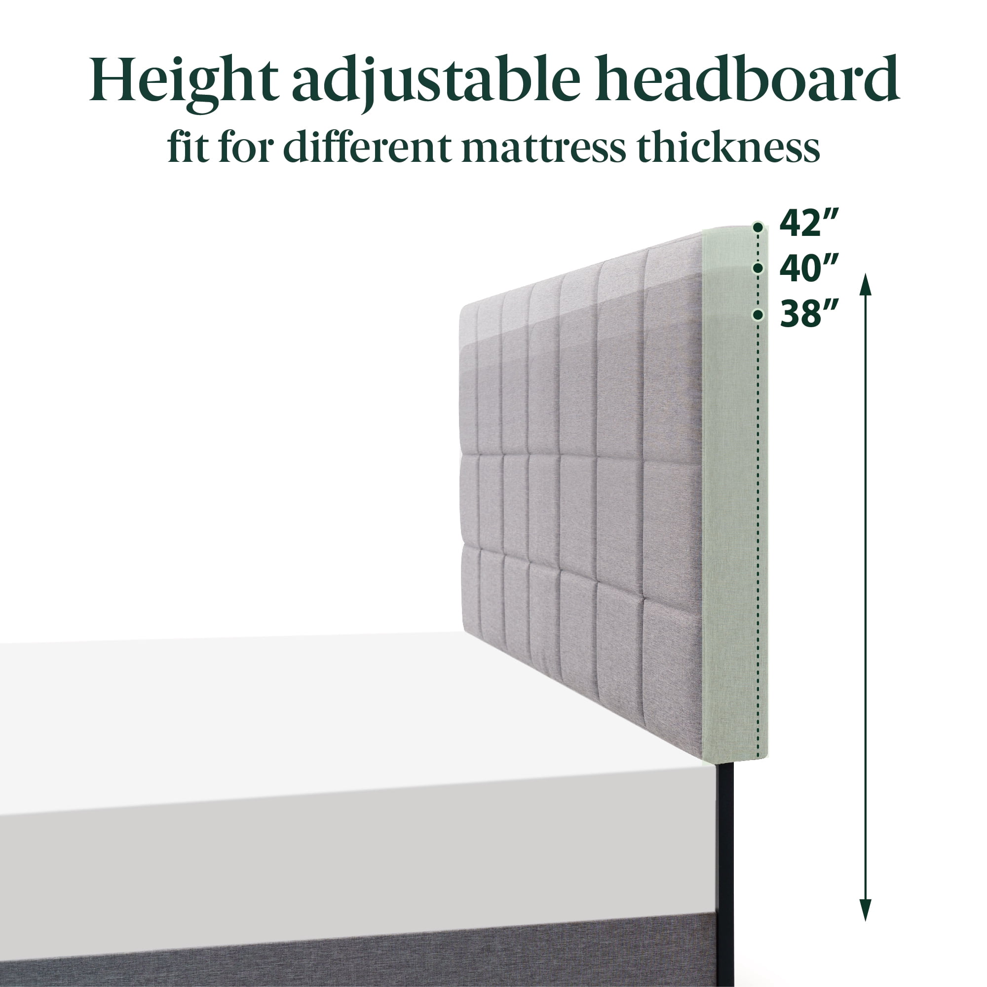 Mainstays Upholstered Platform Bed Frame with Square Stitch Height Adjustable Headboard, Grey