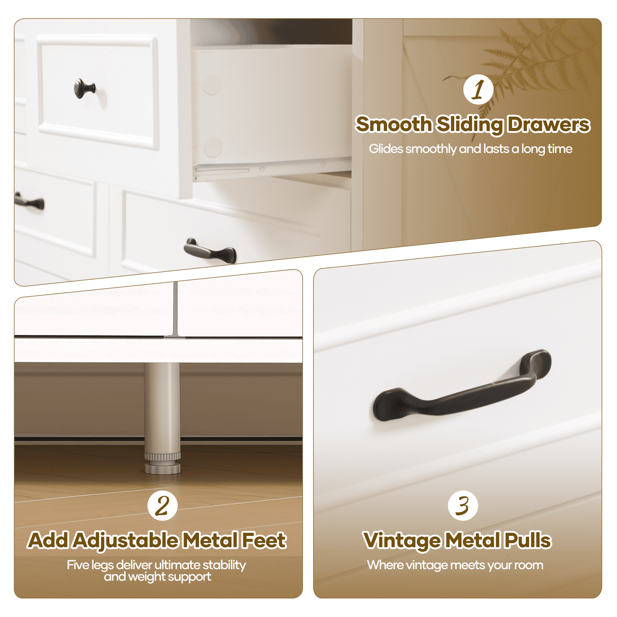 MARNUR Farmhouse 52" 7-Drawer Dresser for Bedroom, Anti-Tip Kit, Smooth Quiet Slides, Heavy-Duty for Living Room, White & Black