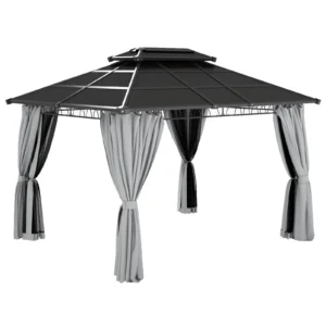 Outsunny 10' x 12' Double Roof Hardtop Gazebo with Nettings Curtains Grey