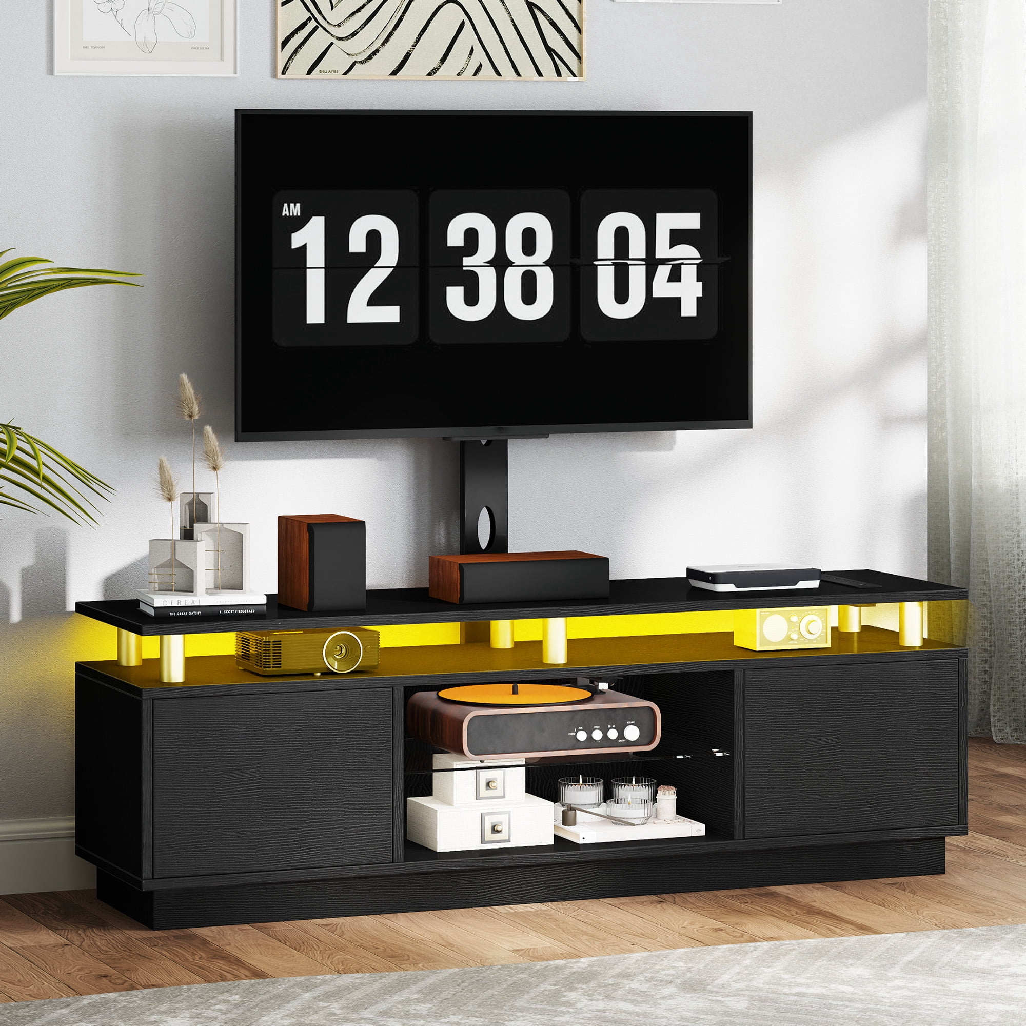 DEXTRUS 70" TV Stand with Adjustable Glass Shelf and Mount for TVs Up to 75", LED Entertainment Center with Power Outlet, Storage, Black