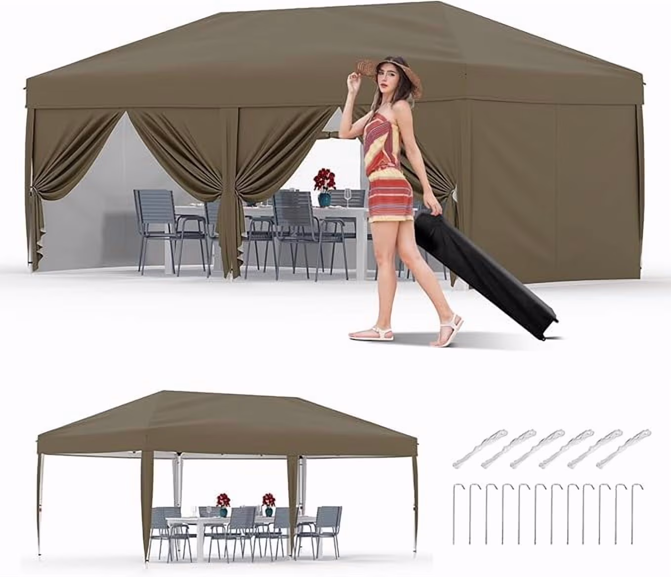 10x20 Pop Up Canopy Tent with 4 Sidewalls, Heavy Duty Outdoor Canopy UPF 50+ All Season Waterproof Commercial Street Vendors Party Tents with Roller Bag, 8 Stakes & 6 Sandbags,Khaki