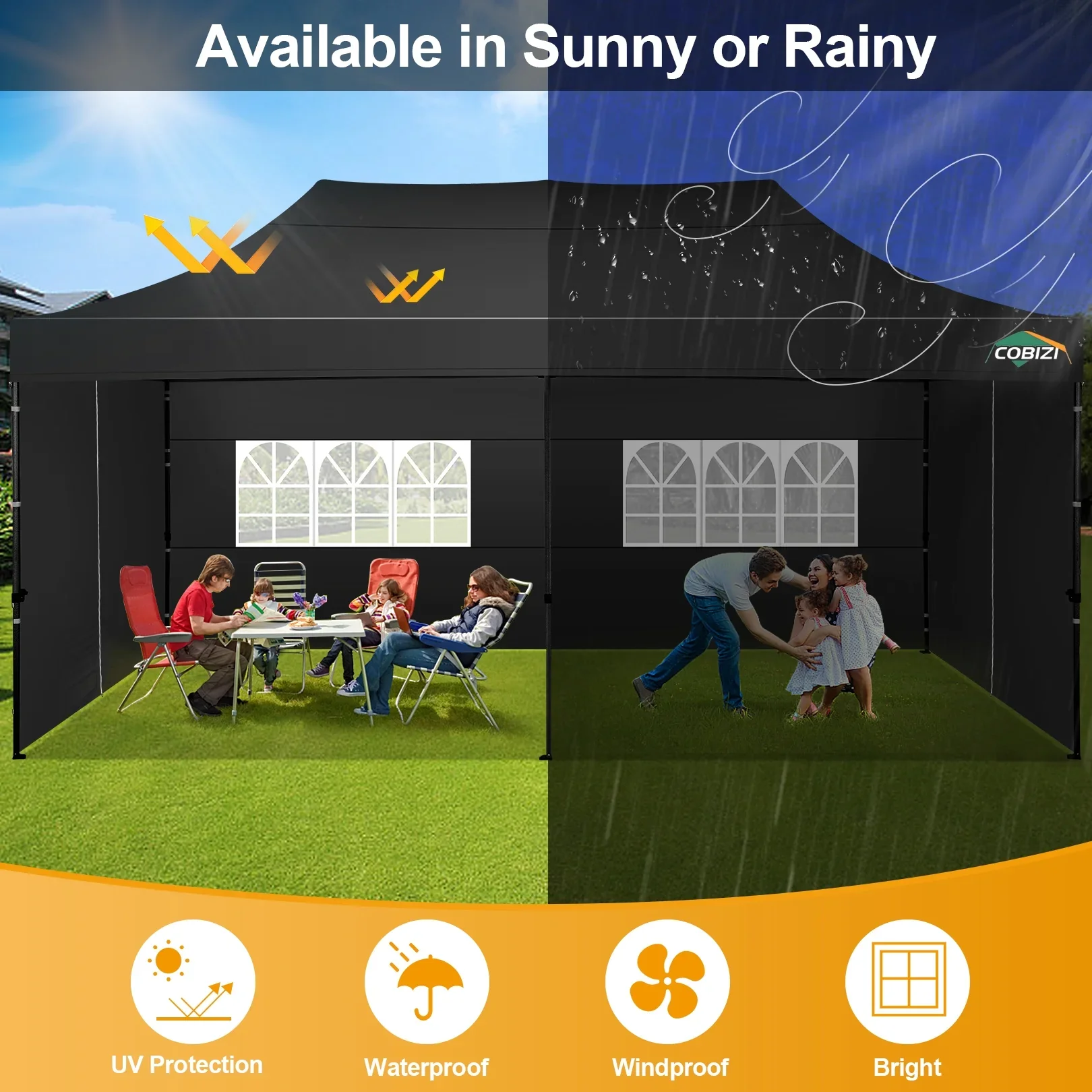COBIZI 10x20 Heavy Duty Pop up Canopy Tent with 6 sidewalls Easy Up Commercial Outdoor Canopy Wedding Party Tent for Beach All Season Wind & Waterproof Gazebo with Roller Bag,Black(Frame Thickened)