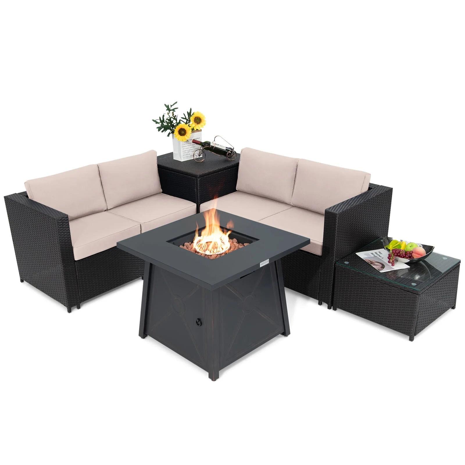 Patiojoy 5-Piece Outdoor Patio Furniture Set with 50,000 BTU Propane Fire Pit Table Patio PE Wicker Conversation Set with Cushions Storage Box and Tempered Glass Coffee Table Beige