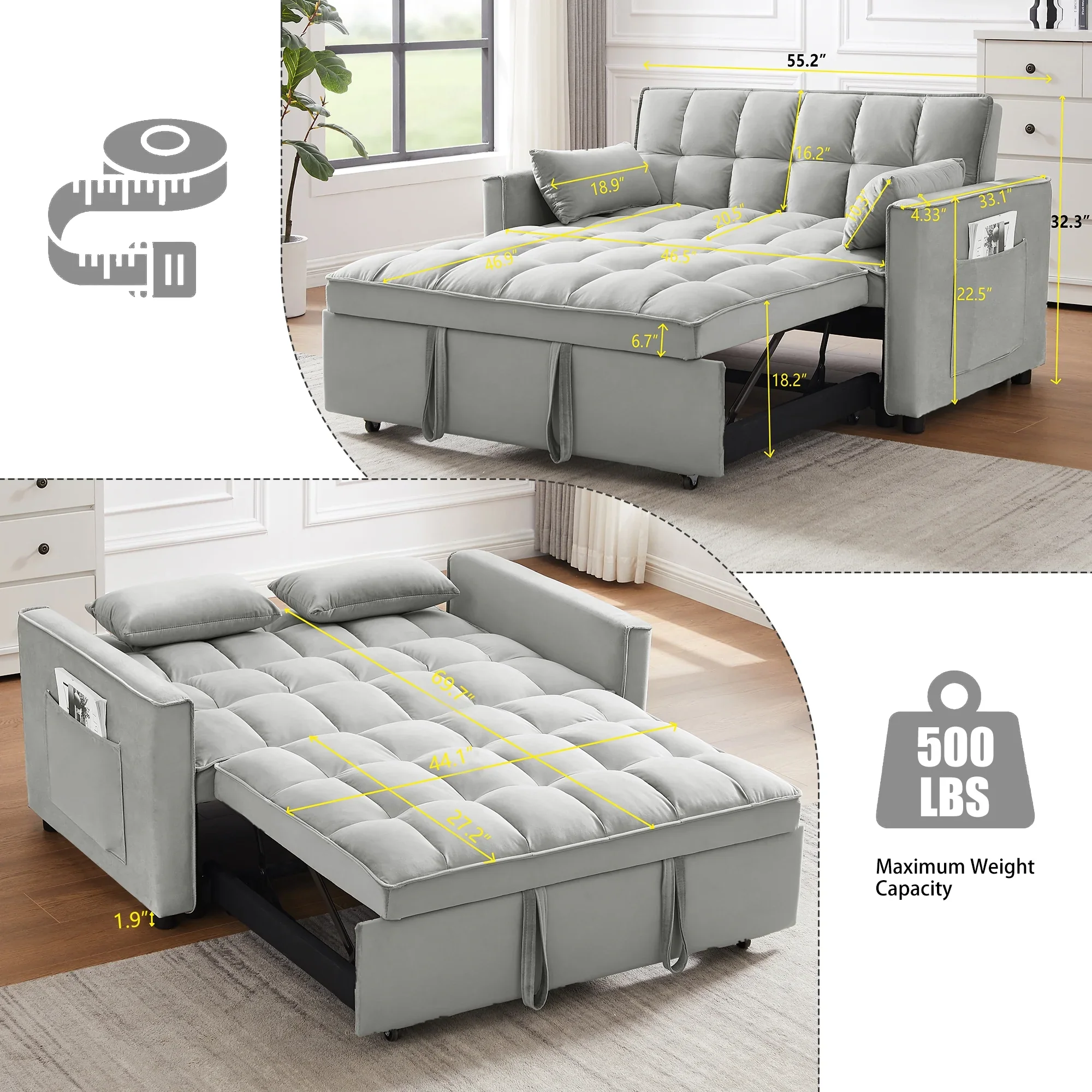 55 in Convertible Futon Sofa Bed, Modern Loveseat Sleeper Sofa Couch with Pull - Out Sofa Bed for Living Room, Small