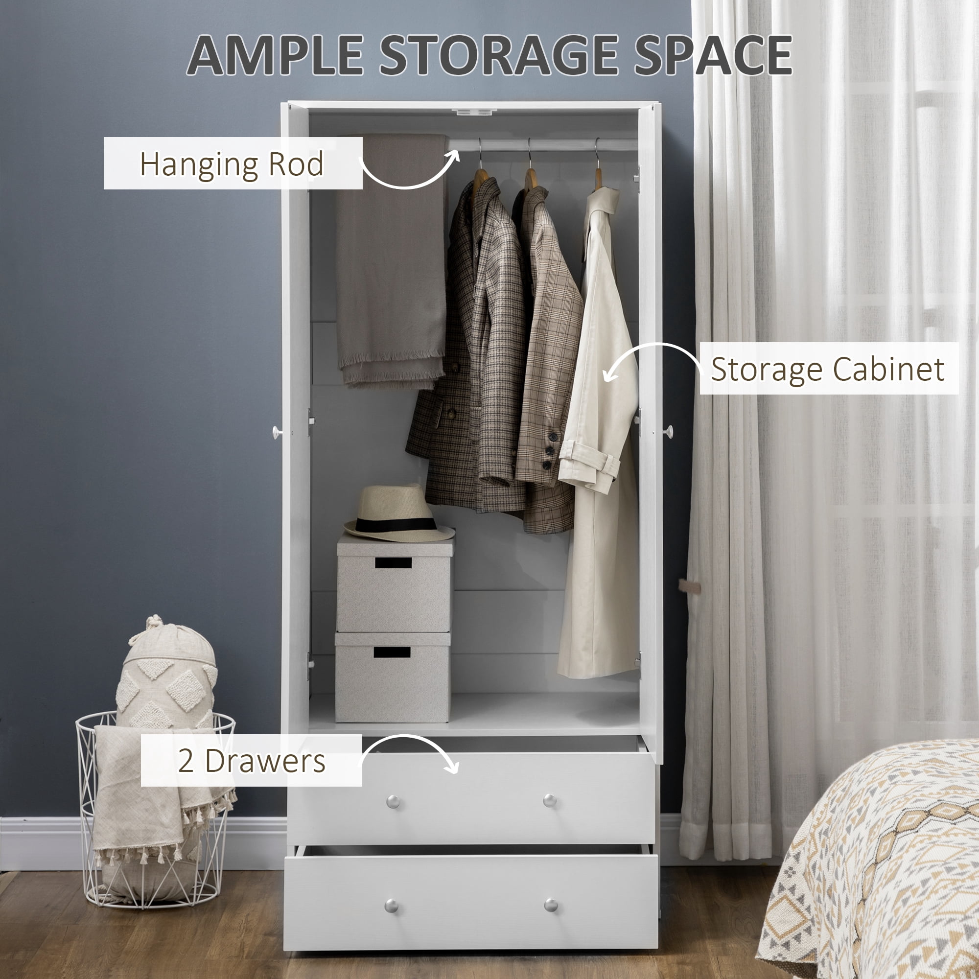 HOMCOM Wardrobe Closet, Armoire with Drawers and Hanging Rail for Bedroom