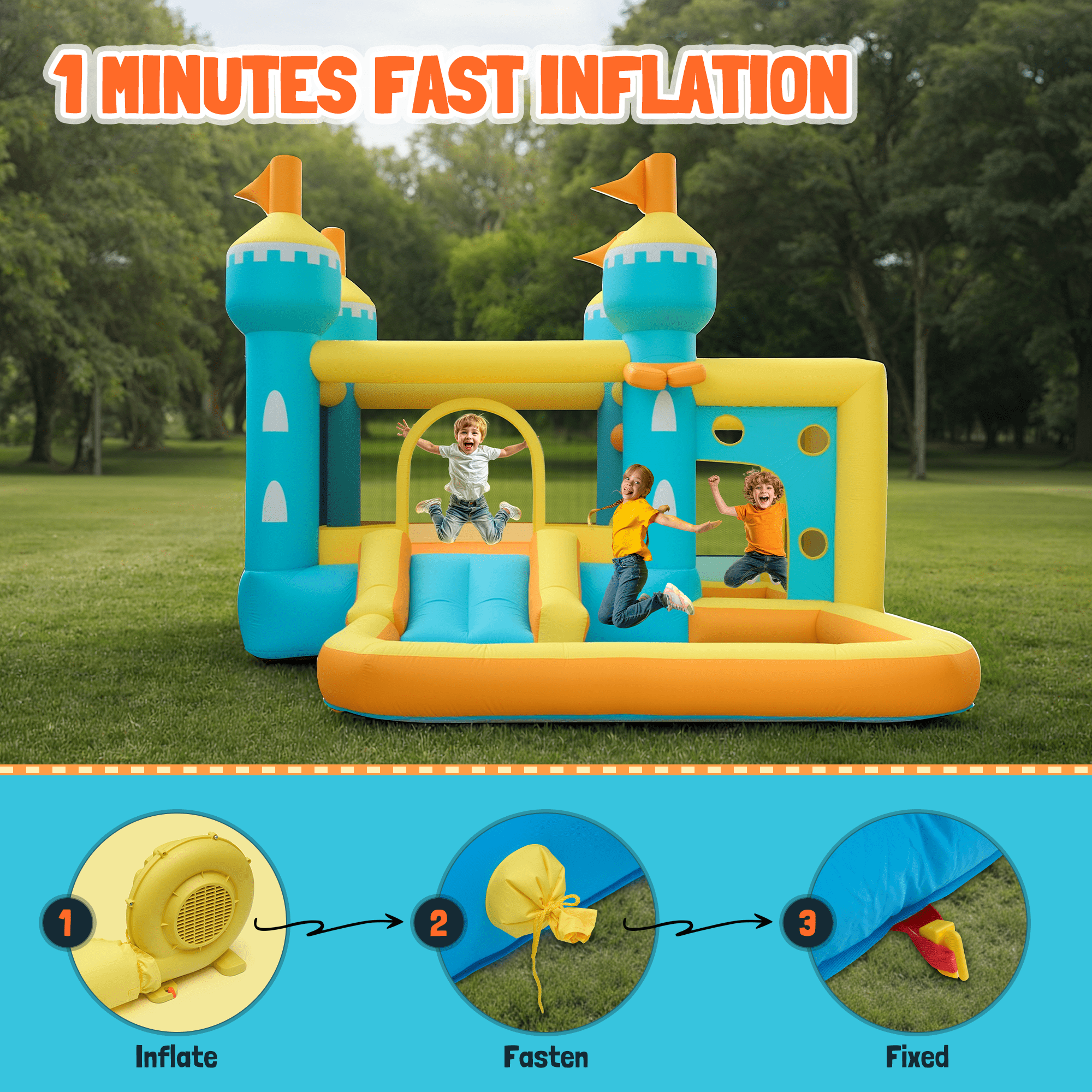 Entil Inflatable Bounce House with 5-in-1 Play Zones, Inflatable Castle Gift with Slide & Pool, FCC & CPC Certified, Blue/Yellow