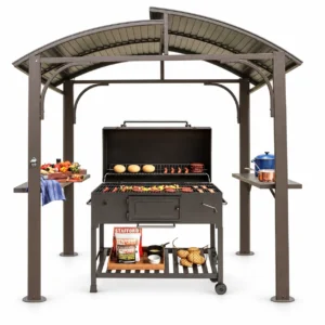 Domi Outdoor Living8x5FT Hardtop Grill Gazebo, BBQ Canopy with Double Galvanized Steel Roof & 2 Side Shelves for Patio,Garden,Backyard, Brown