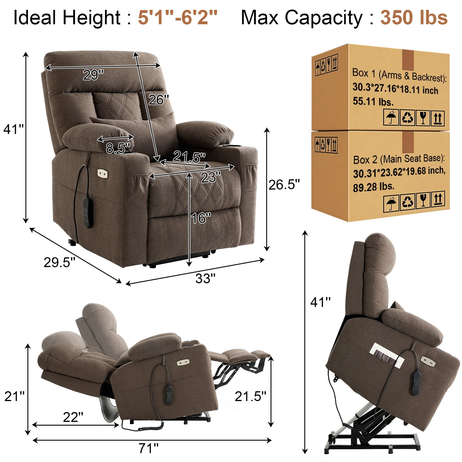 TEKAMON Power Lift Recliner Chair for Elderly - Adjustable Headrest, Three Motor, Infinite Positions, Built-in Massage and Heating, USB Ports, Cup Holders