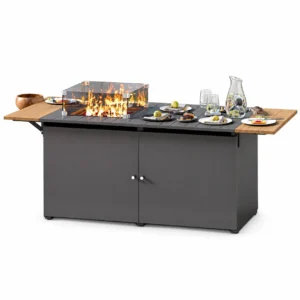 KAMEROUT 64" Outdoor Fire Pit Table, 50,000 BTU Patio Propane Fire Pit with Foldable Tabletop & Wind Guard, Black
