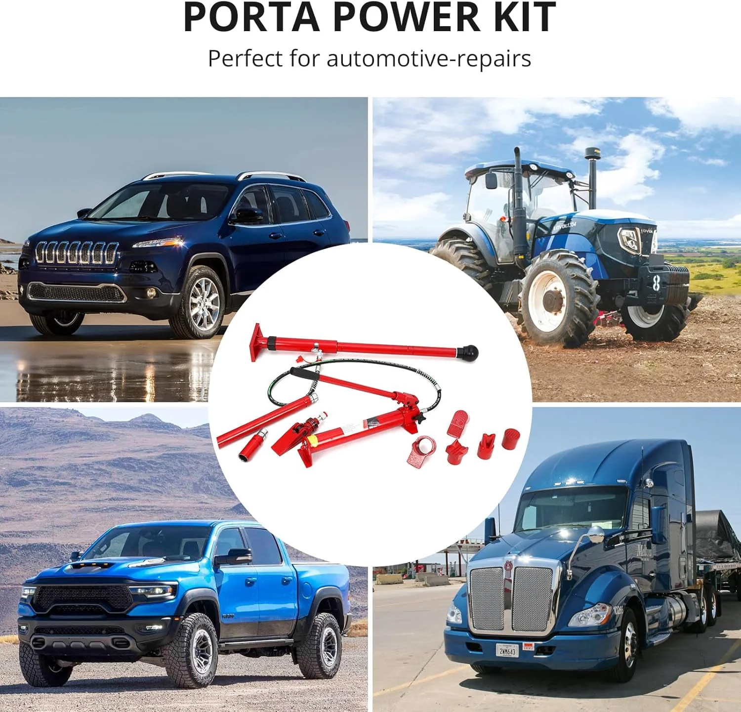 20 Ton Porta Power Hydraulic Kit Auto Body Frame Repair Kit with 3.9 Ft Oil Hose and Blow Molded Storage Case