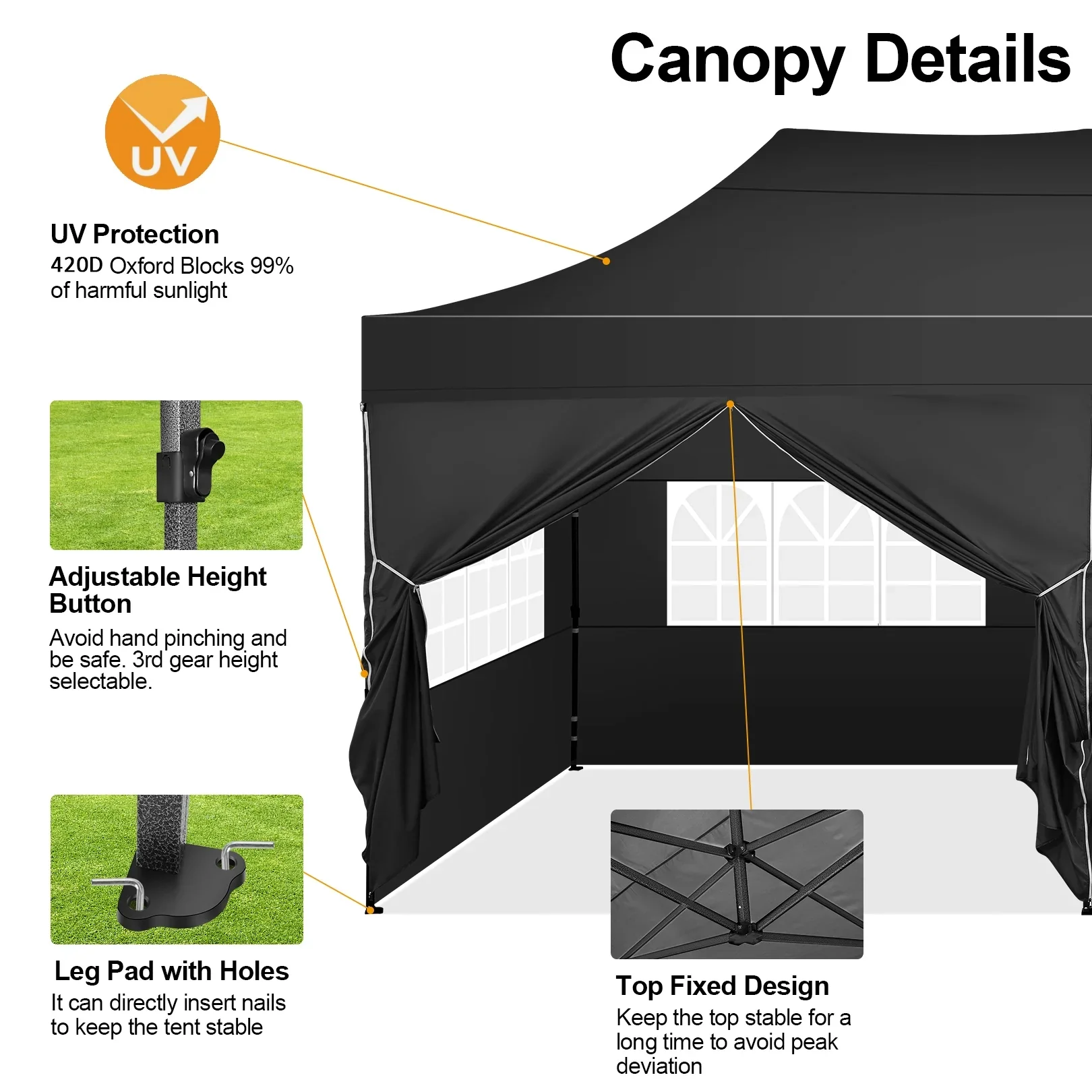 COBIZI 10x20 Heavy Duty Pop up Canopy Tent with 6 sidewalls Easy Up Commercial Outdoor Canopy Wedding Party Tent for Beach All Season Wind & Waterproof Gazebo with Roller Bag,Black(Frame Thickened)