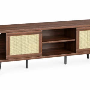 Bestier Rattan TV Stand for 75" TV, Boho Style, Sliding Doors&2 Tier Storage Shelves
