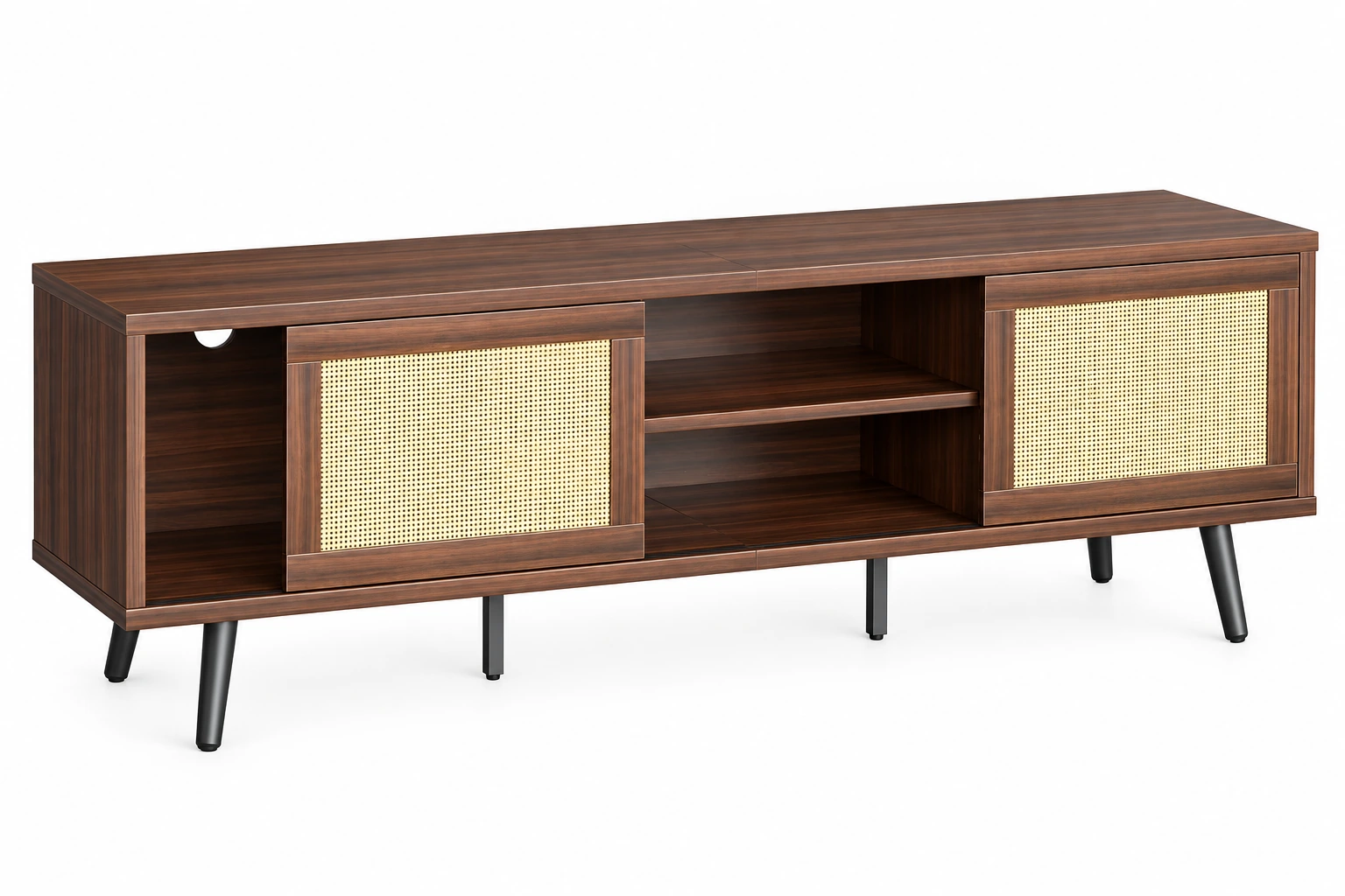 Bestier Rattan TV Stand for 75" TV, Boho Style, Sliding Doors&2 Tier Storage Shelves