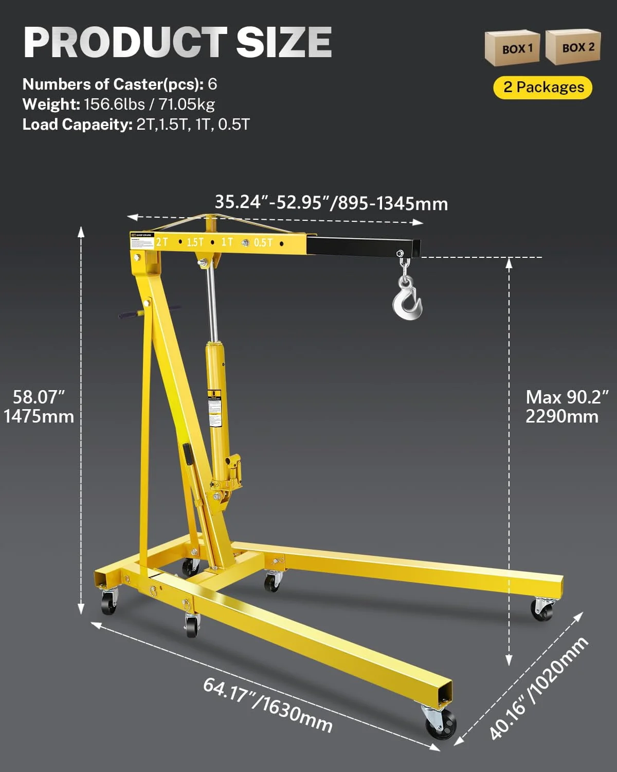 2-Ton Folding Hydraulic Engine Hoist with Lever & Telescopic Boom, 4400 Lbs Capacity with 6 Steel Casters for Car Truck Boat Motors