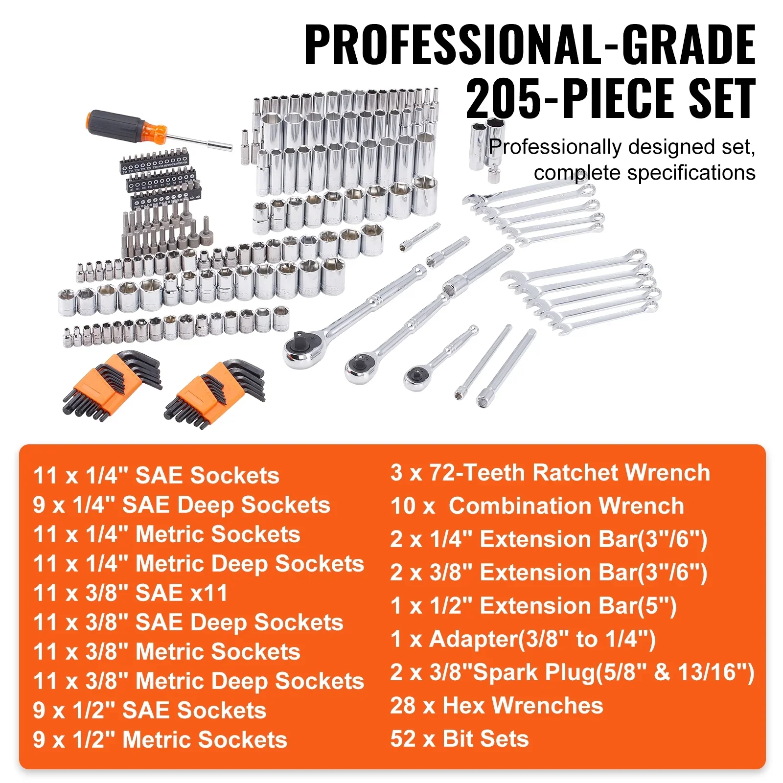 KFFKFF Mechanics Tool Set and Socket Set, 1/4" and 3/8" Drive Deep & Standard Sockets, 205 Piece SAE and Metric Mechanic Tool Kit with Bits, Combination Wrench, Hex Wrenches, Accessories