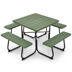 Gymax Outdoor Picnic Table 8-person Square Picnic Table Bench Set w/ 4 Benches & Umbrella Hole Green