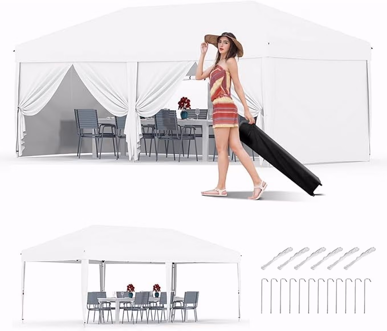 10x20 Pop Up Canopy Tent with 4 Sidewalls, Heavy Duty Outdoor Canopy UPF 50+ All Season Waterproof Commercial Street Vendors Party Tents with Roller Bag, 8 Stakes & 6 Sandbags,Khaki
