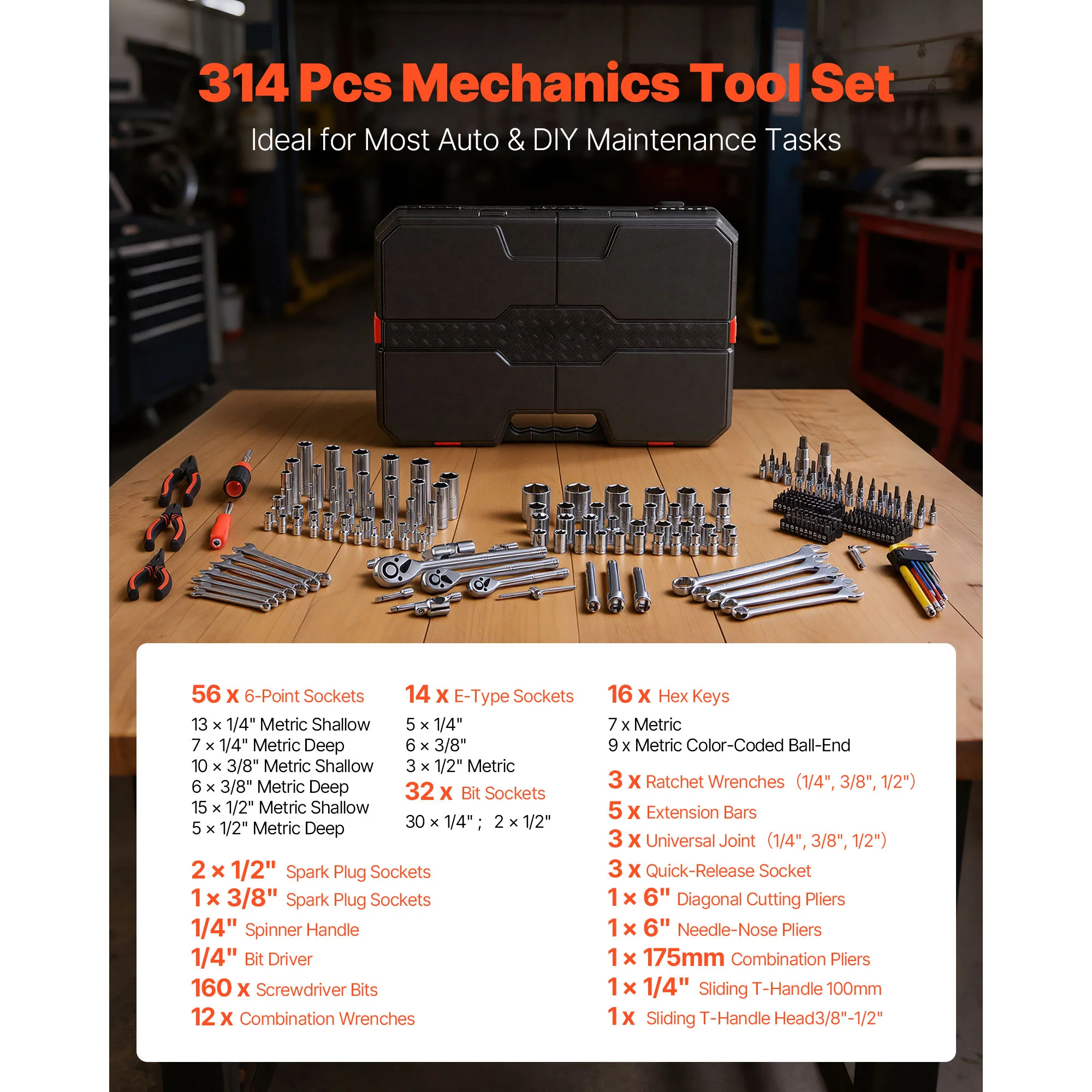 KFFKFF Mechanics Tool Set, 314-Piece Mechanic Tool Kit, 1/4 in, 3/8 in, and 1/2 in Drive, Metric Socket Set, Wrenches, Screwdriver Bits, Accessories, and Storage Case