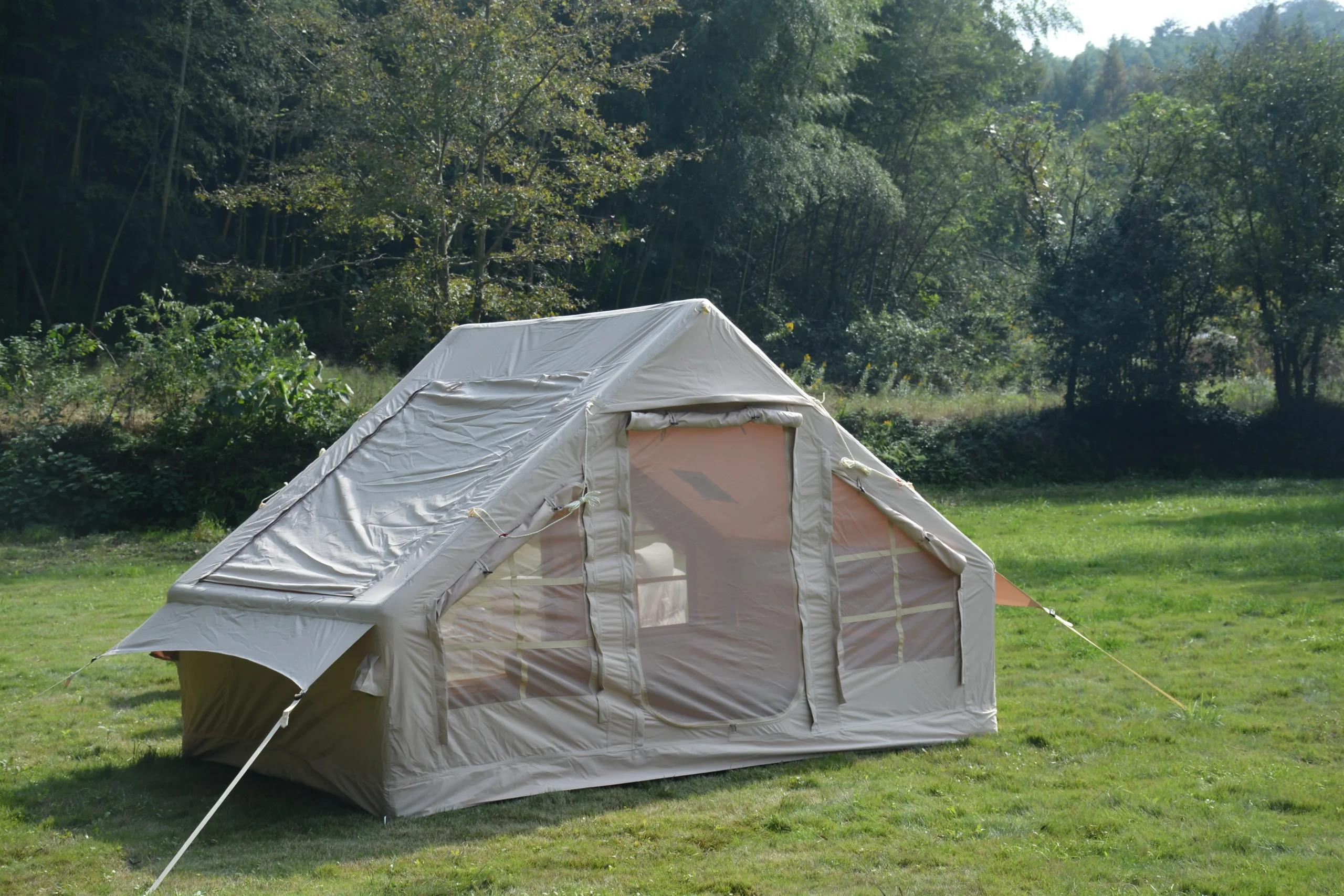 Inflatable Camping Tent Easy Setup 4 Season Glamping Tent 4-6 Persons Waterproof Windproof Outdoor Self-Supporting Blow up Tent Air Tent Portable House Beige