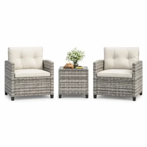 3 Piece Patio Furniture Set, PE Rattan Outdoor Furniture Set with Tempered Glass Table and Cushions, Patio Conversation Set for Balcony and Poolside, Grey and Beige