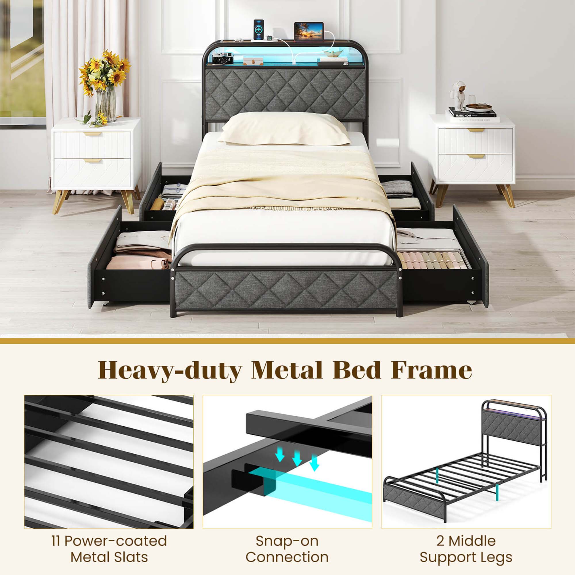 Costway Size Bed Frame with LED Lights & Charging Station Storage Headboard Black