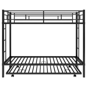 Euroco Metal Twin over Twin Bunk Bed with Twin Size Trundle Bed for Kids Room, 3 Twin Size Beds for Kids and Teens, Solid Ladder and Safety Guardrails, Black