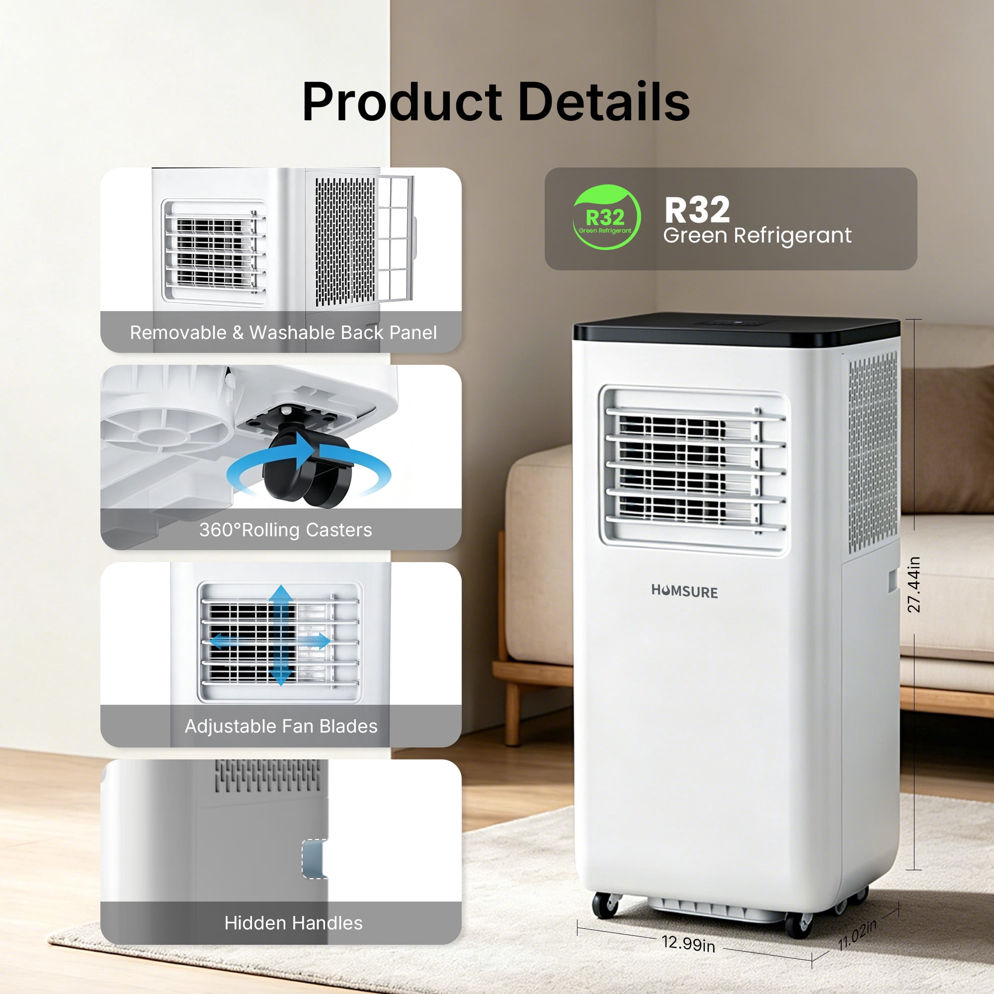 HUMSURE 10000BTU Portable Air Conditioners 5-IN-1 Room Air Conditioning, Portable AC Unit with Remote Control, Cooling, Dry, Automatic, Sleep Mode