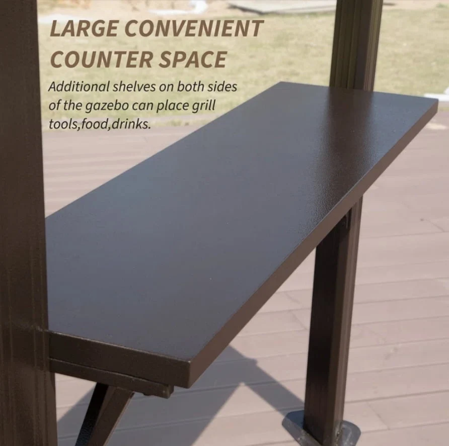 Domi 8x5 ft BBQ Gazebo, Aluminum Frame with Shelves & Serving Tables, Double Roof Hardtop Grill Shelter for Patio, Backyard & Garden, Brown