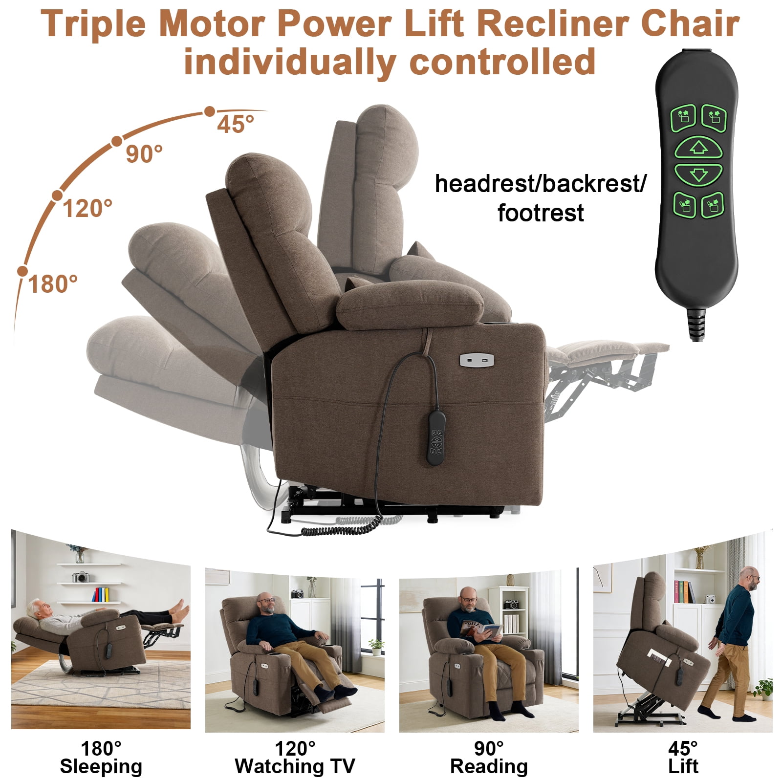 TEKAMON Power Lift Recliner Chair for Elderly - Adjustable Headrest, Three Motor, Infinite Positions, Built-in Massage and Heating, USB Ports, Cup Holders