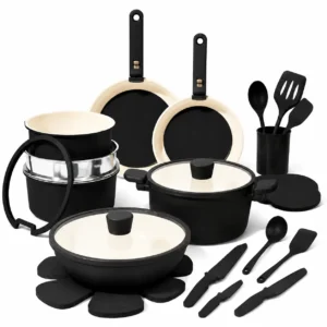 33 PCS Ceramic Cookware Set Nonstick Pots Pans Detachable Handles Induction Dishwasher Safe Black