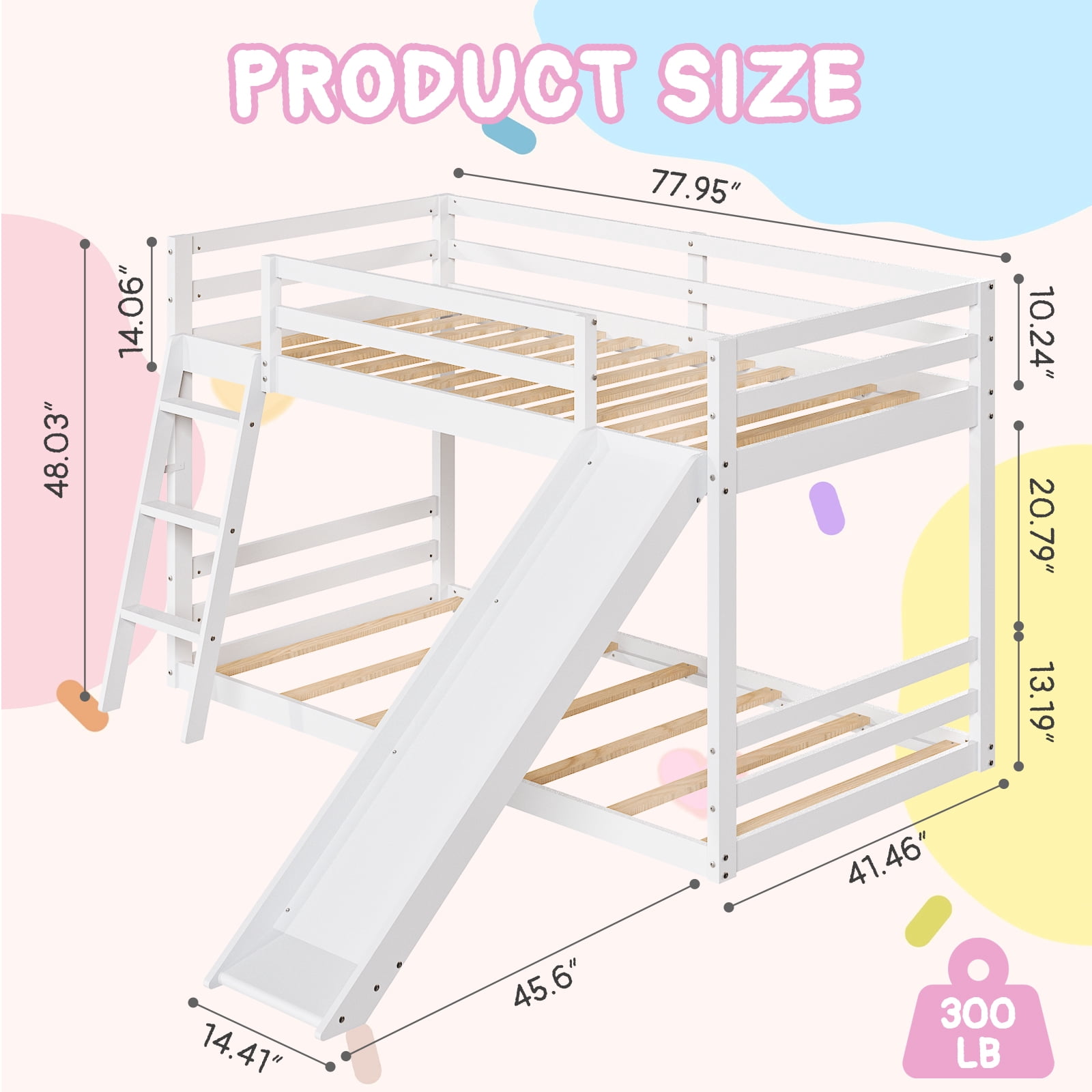 Ktaxon Bunk Bed Twin Over Twin,Kids Low Floor Bed Frame with Slide for Children Boys Girls Dormitory Bedroom,No Box Spring Needed,White