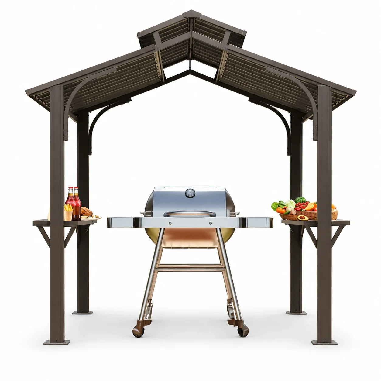 Domi 8x5 ft BBQ Gazebo, Aluminum Frame with Shelves & Serving Tables, Double Roof Hardtop Grill Shelter for Patio, Backyard & Garden, Brown