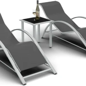 3-Piece Outdoor Chaise Lounge Chair Set – Adjustable Aluminum Recliners with Table – Heavy-Duty, Weather-Resistant for Poolside, Patio, Garden, Beach, Grey