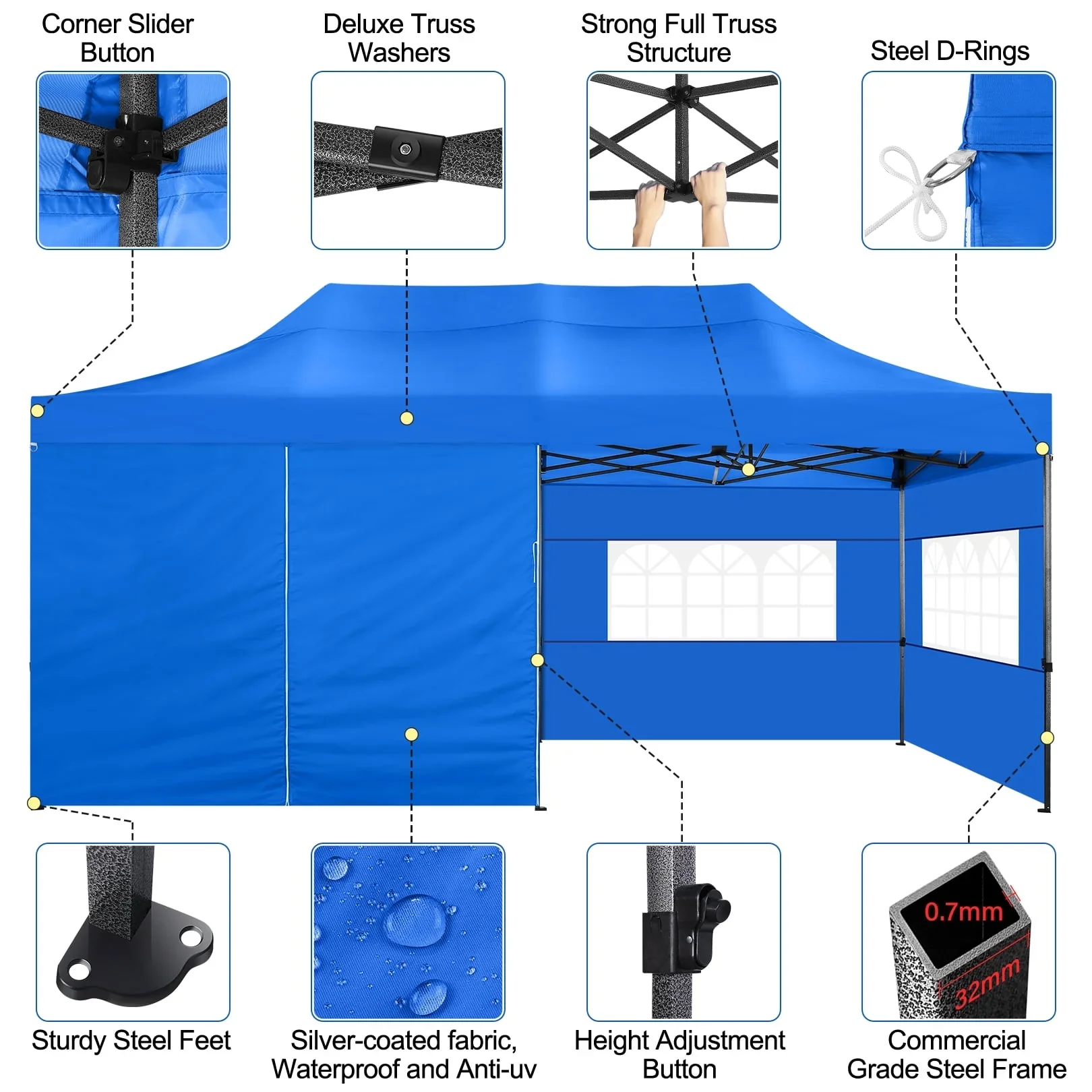 SANOPY 10'x20' Pop Up Canopy Waterproof Folding Tent Outdoor Easy Set-up Instant Tent Heavy Duty Commercial Wedding Party Shelter with 6 Removable Sidewalls, 4 Sandbags, Roller Bag, Black