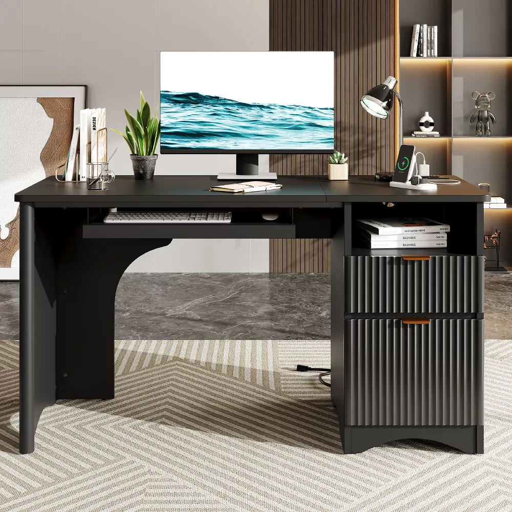 Bestier 55" Home Office Desk with Power Outlet & Keyboard Tray | Built-in USB Ports, File Drawer, Cable Management | Modern Computer Desk for Study, Gaming, Work, Blcak