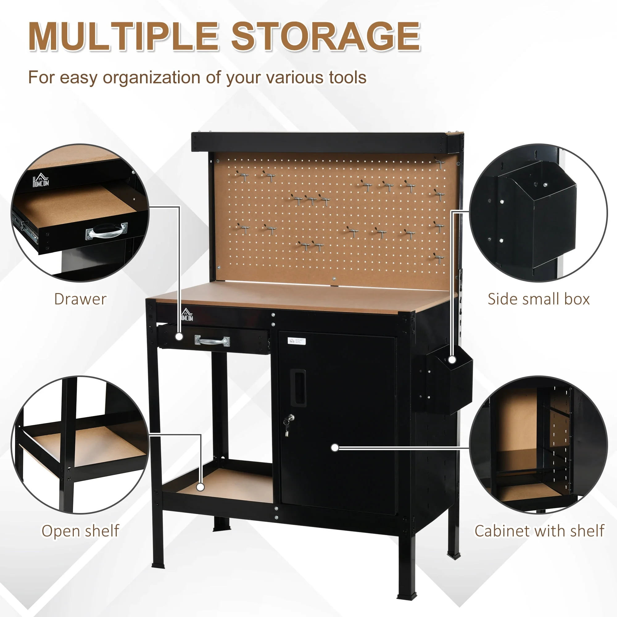 CoSoTower Multipurpose Tool Workbench for Garage, Garage Bench with Storage Drawer, Peg Board, Lockable Cabinet