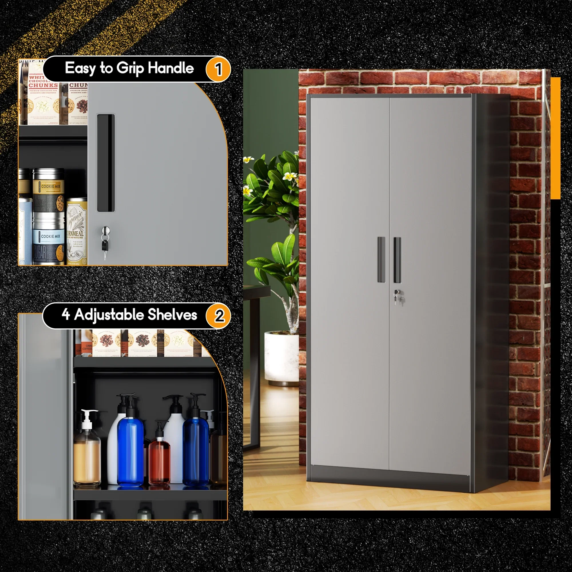 SOLAURA 71" Metal Garage Storage Cabinet with Locking Doors and Adjustable Shelves for Home, Office(Black)
