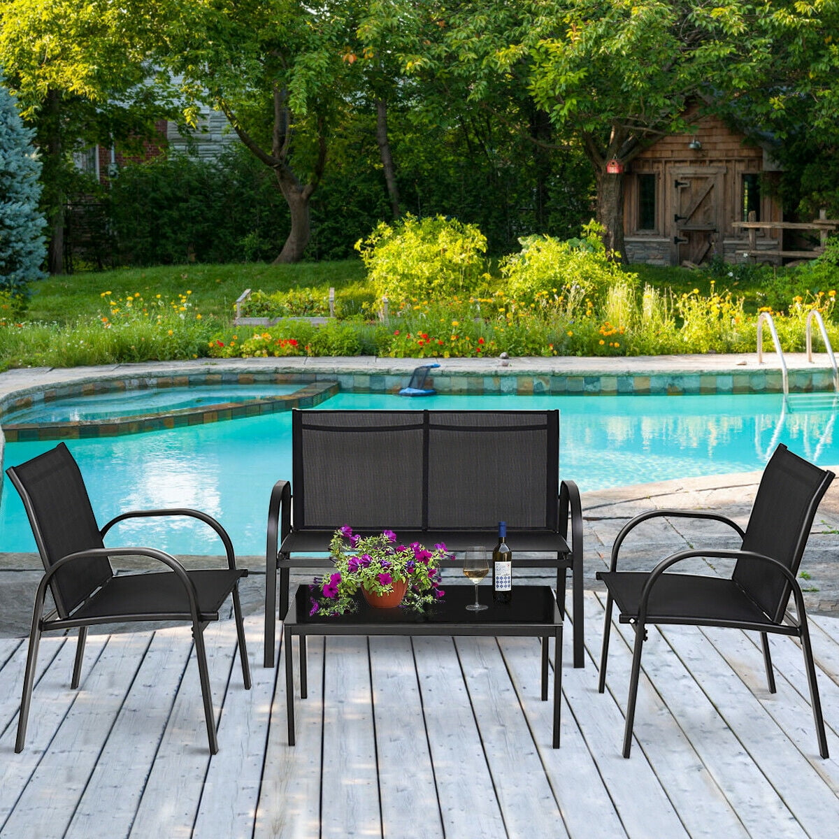Costway 4pcs Patio Furniture Set Sofa Coffee Table Steel Frame Garden Deck Black
