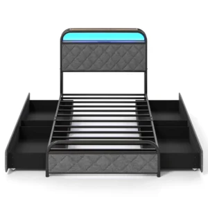 Costway Size Bed Frame with LED Lights & Charging Station Storage Headboard Black