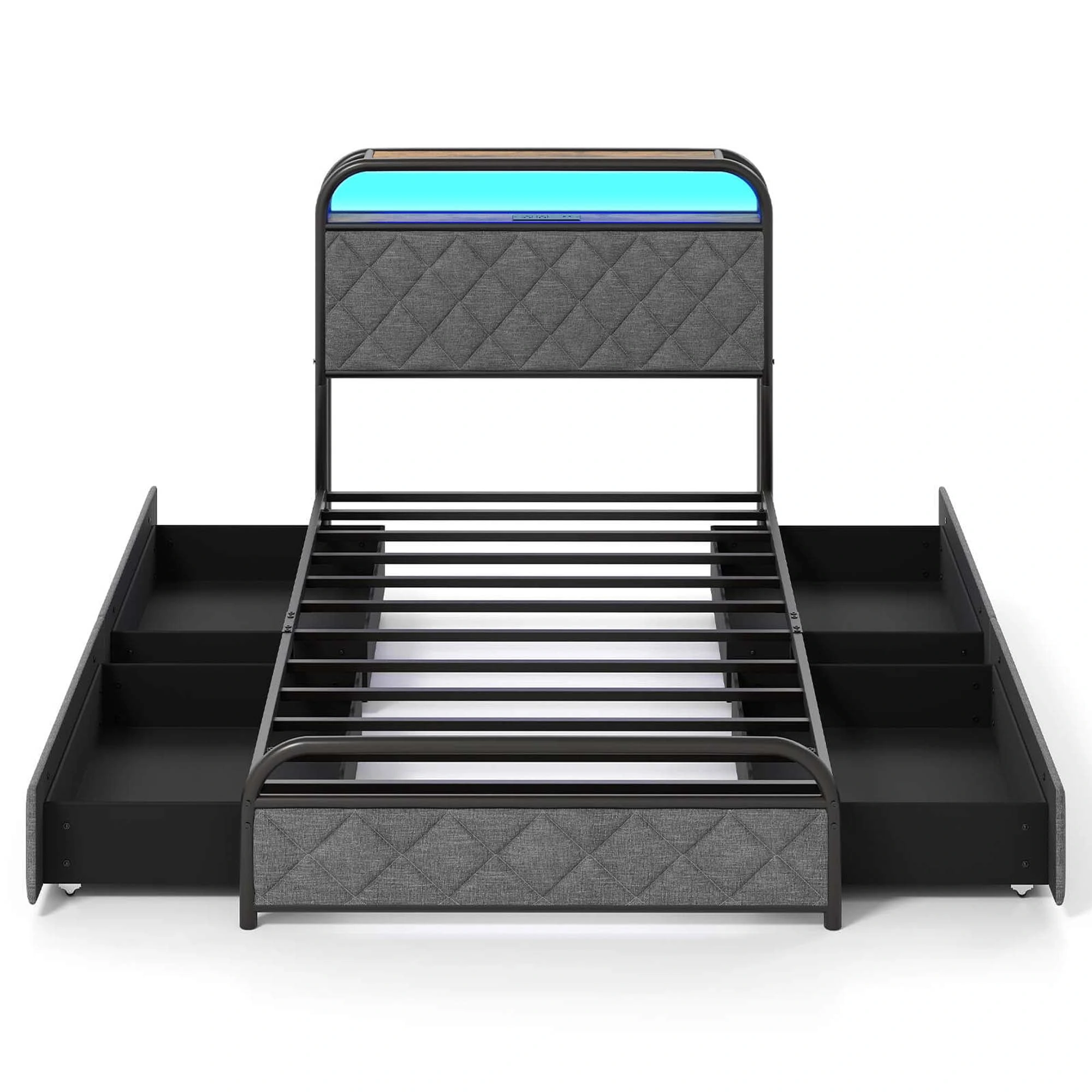 Costway Size Bed Frame with LED Lights & Charging Station Storage Headboard Black