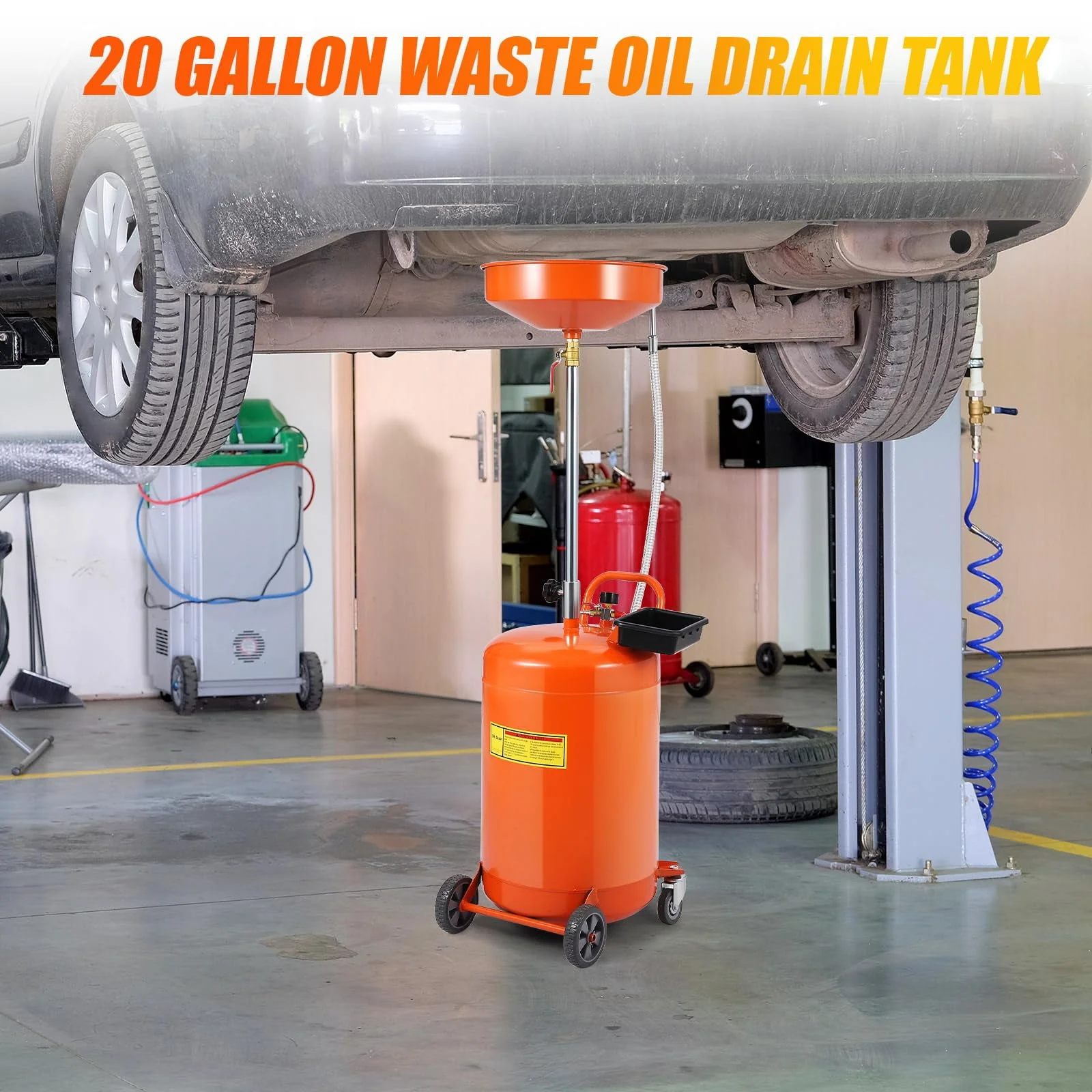 Kojooin 20 Gallon Oil Drain Tank, Portable Oil Drain Container with Adjustable Funnel Height 38"-65", Air Operated Drainage Fluid Fuel Transfer Drainage with 360° Wheels & Toolbox