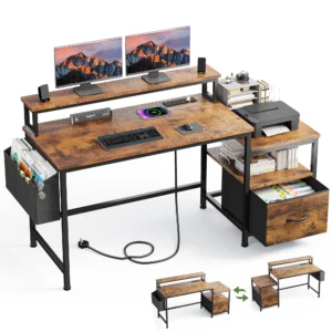 Exenoray 56.5" Computer Desk with Fabric File Drawers Cabinet, Reversible Home Office Desks with Power Outlets for Home Office, Rustic