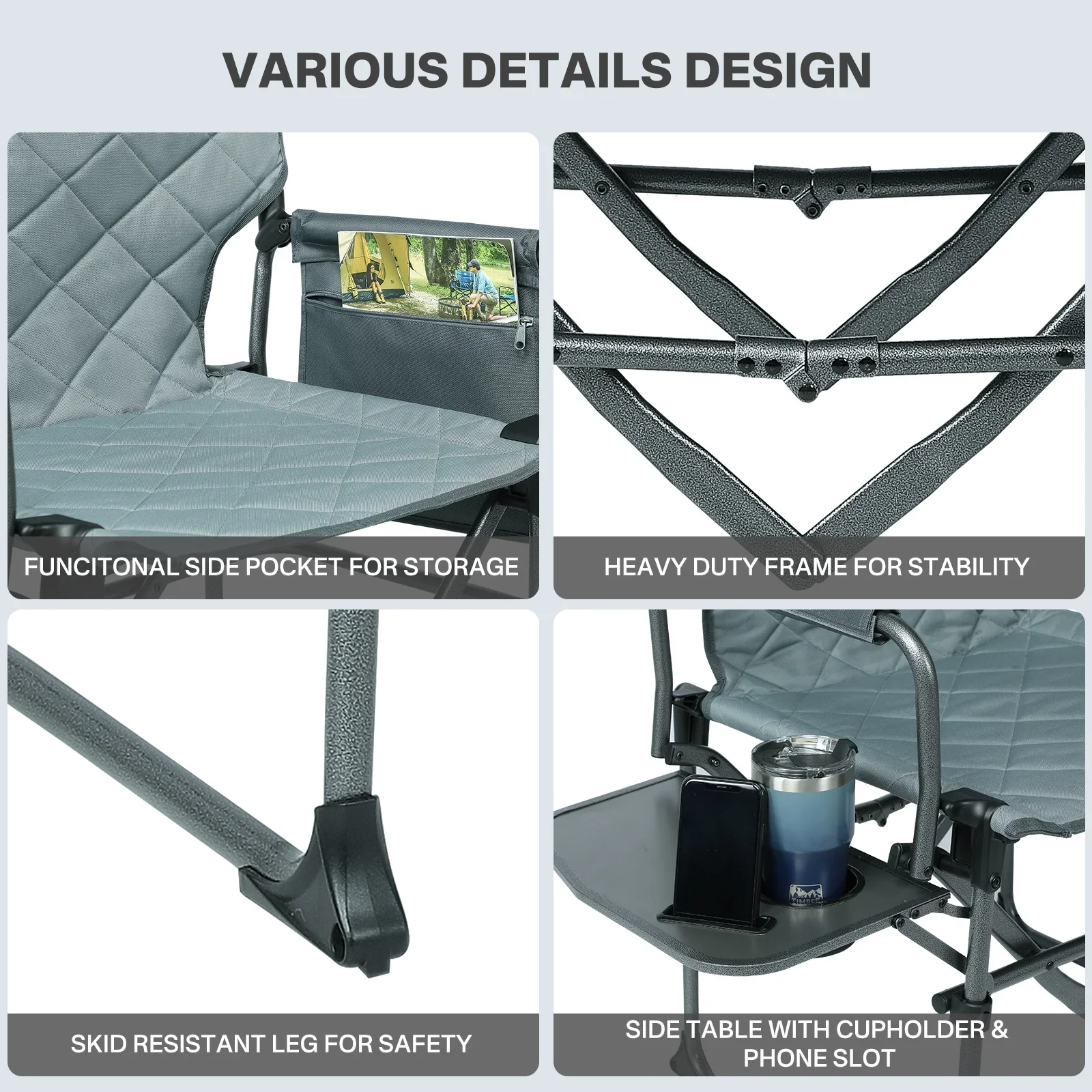 TIMBER RIDGE Portable Director Chair, Heavy Duty Camping Folding Chair with Compact Size with Side Pocket and Side Table, Support 400 lbs, Grey