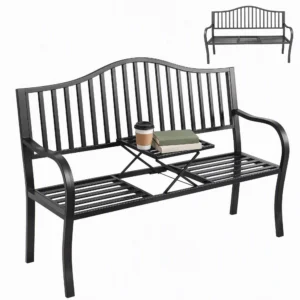 Outsunny Outdoor Bench with Retractable Middle Table for Patio Loveseat - Set of 1 Black