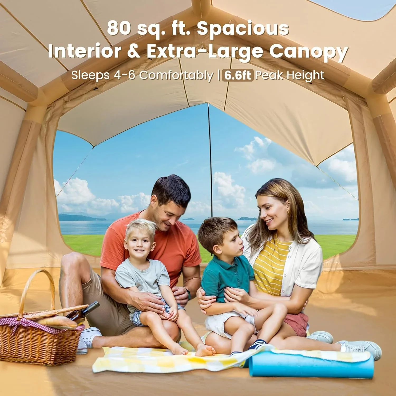 Zikebtuy 2/6/8 Person Inflatable Camping Tent, Easy Setup Blow Up Air Tent with Hand Pump, Waterproof 4-Season Glamping Tent with Large Mesh Windows & Oversized Canopy for Couples, Group & Family