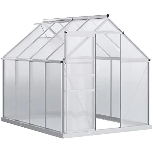 Outsunny 8' x 6' Aluminum Outdoor Greenhouse, Polycarbonate Walk-in Garden Greenhouse Kit with Adjustable Roof Vent, Rain Gutter and Sliding Door for Winter, Silver