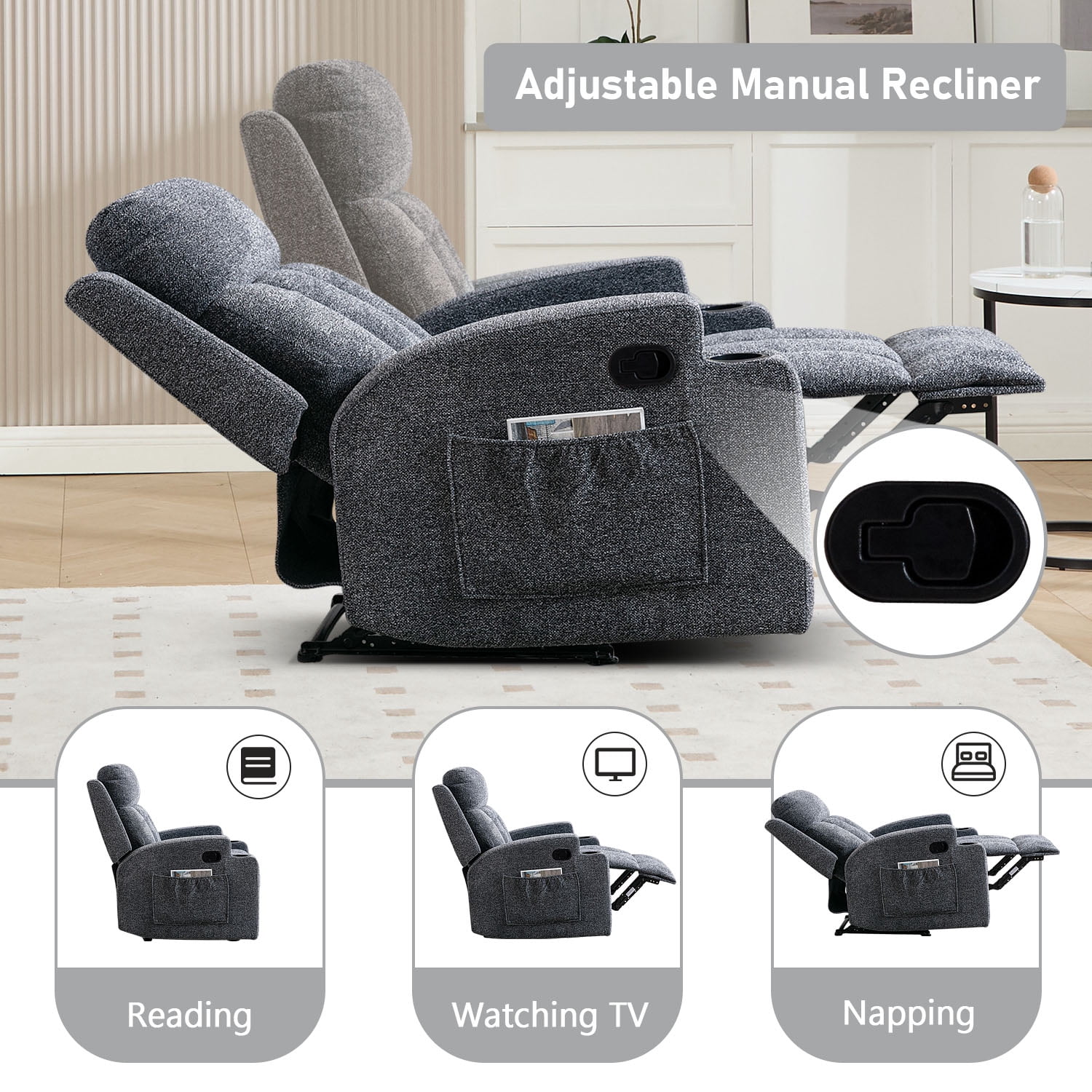 Bonzy Home Recliner Chair with Massage and Heat, Manual Fabric Reclining Chair with Cup Holders & Side Pockets for Living Room, Bedroom