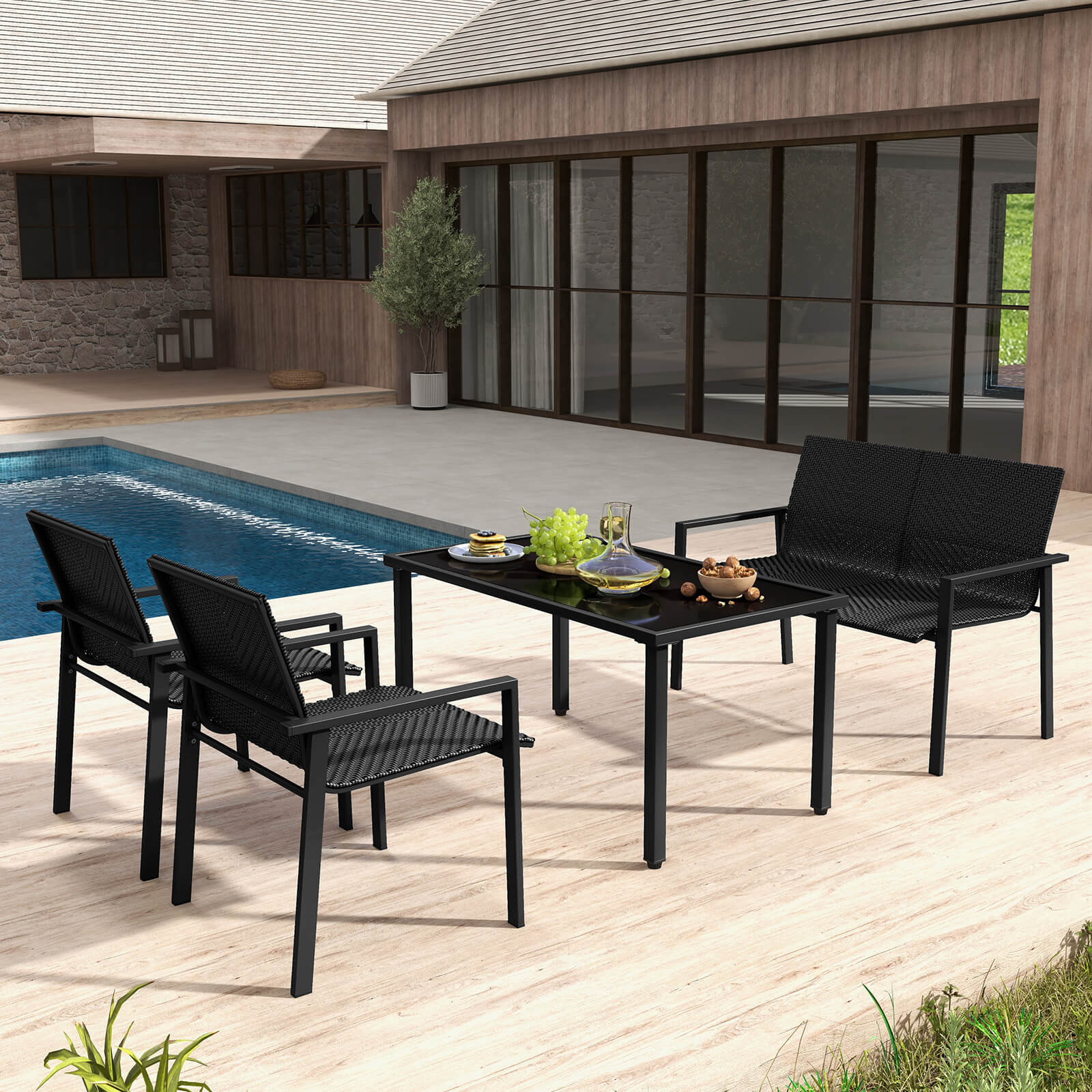 Costway 4 PCS Outdoor Wicker Patio Furniture Set w/ Heavy-Duty Galvanized Metal Frame Black