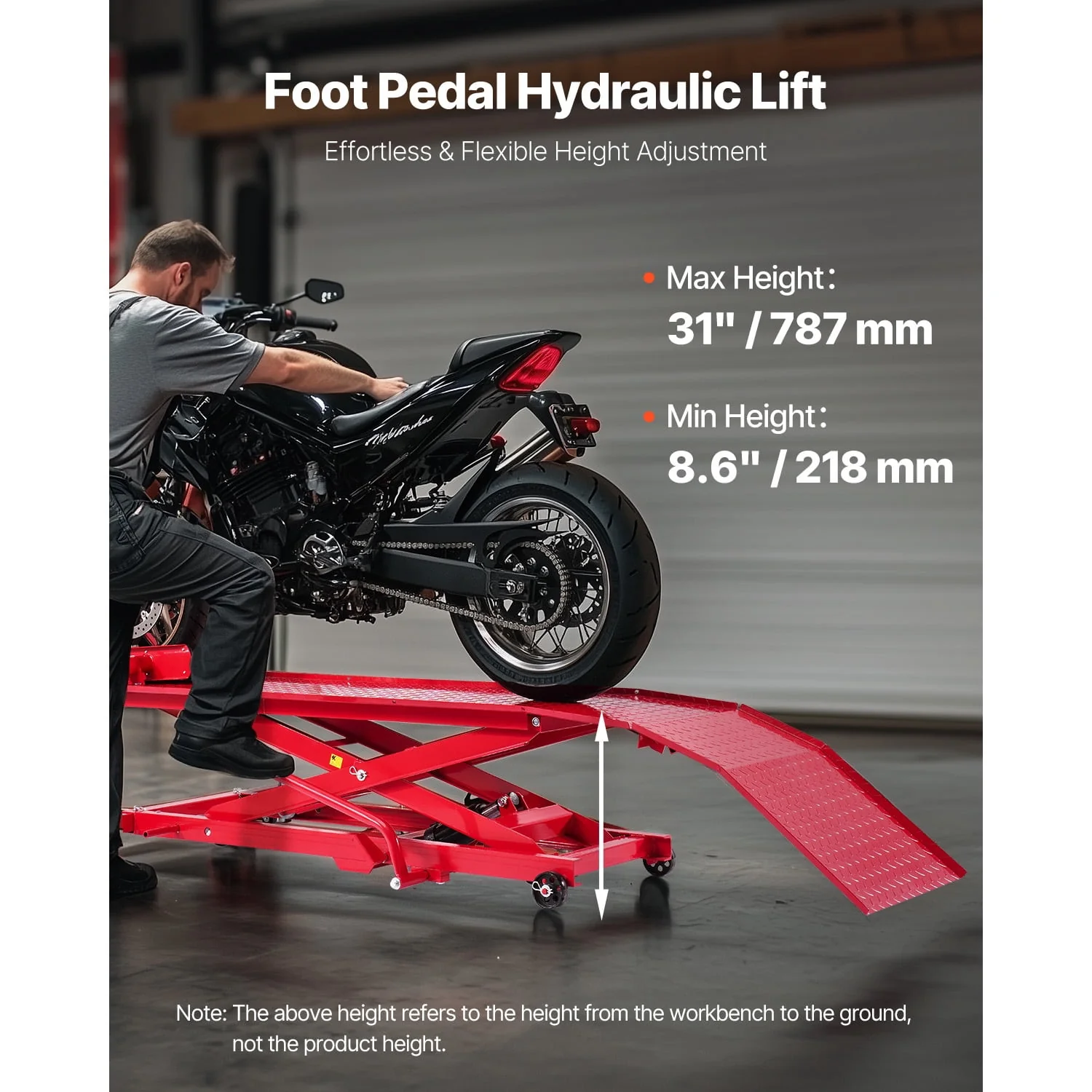 Motorcycle Lift Table, 453 kg Load Capacity, 360° flexible mobile Jack Stand, Height Adjustable From 21.8 to 79 cm, Heavy-duty Repair Stand